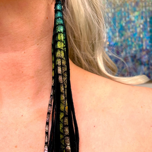 Dolls Kill Jewelry - Shiny green purple fringe leather earrings
